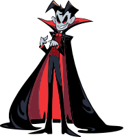 Cartoon vampire character in red cape and black suit