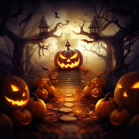 A pathway of pumpkins leading to a large jack-o'-lantern on a spooky Halloween night.