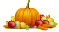 A colorful illustration of a pumpkin with surrounding fruits and vegetables