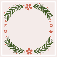 A minimalist floral wreath with green leaves and red flowers on a cream background.