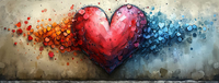 A red heart with splattered paint in shades of red, orange, and blue on a textured background.