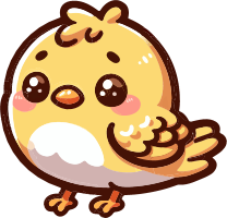 Cartoon illustration of a yellow chick with big eyes and fluffy feathers