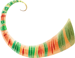 A curved, multicolored design element with green, orange, and red colors on a black background.