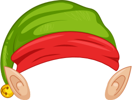 Cartoon elf hat with green and red colors and a gold bell