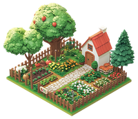 3D illustration of a small house surrounded by a garden with trees and flowers