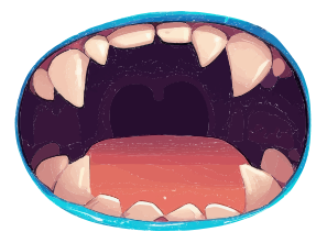 Illustration of an open mouth with visible teeth and tongue.
