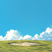 A serene landscape with a green field and blue sky