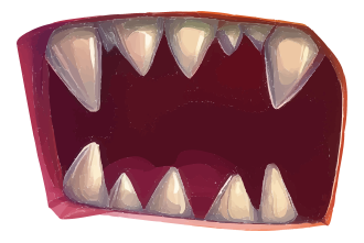 A cartoon-style illustration of a monster's open mouth showing sharp teeth.