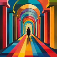 A person in a suit and hat walks down a brightly colored, arched corridor.