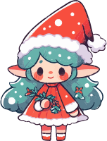 Cartoon Christmas elf with green hair and red dress