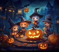 Four cartoon witches in black hats carving a large pumpkin together on a dark, mystical path surrounded by jack-o'-lanterns and haunted mans