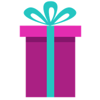 A gift box with a pink body and teal ribbon
