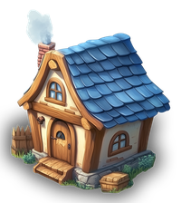 A whimsical cartoon cottage with a blue tiled roof and a chimney emitting smoke.