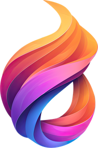 Abstract swirling logo with a gradient of orange, pink, purple, and blue colors.