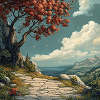A stone path winding through a mountainous landscape with a large tree featuring red foliage