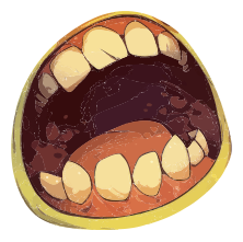 An open mouth with teeth and tongue visible in a cartoon style.