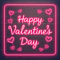 Neon sign with 'Happy Valentine's Day' text surrounded by hearts on a brick wall