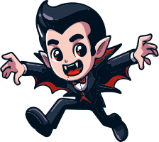 Cartoon vampire in black suit and red cape jumping