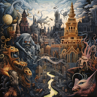 Surreal cityscape with a blend of medieval and modern architecture, featuring various mythical creatures and a river flowing through it.