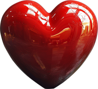 A red heart-shaped object with shiny surface reflecting light and surroundings.