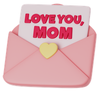 A pink envelope with a card that reads 'LOVE YOU, MOM' and a yellow heart.