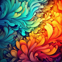 A colorful abstract art image with swirling shapes in shades of blue, green, yellow, orange, and red.