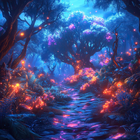A serene, magical forest with a stone path and radiant vegetation.