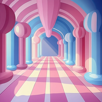 A colorful, digitally created hallway with arches and a checkered pattern on the floor.