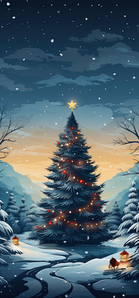 A large Christmas tree decorated with lights and a star, standing in a snowy forest with mountains in the background.