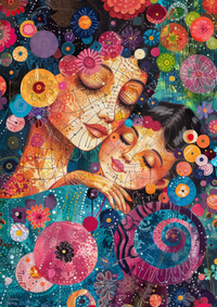A stylized couple embracing, surrounded by a variety of colorful flowers and patterns.