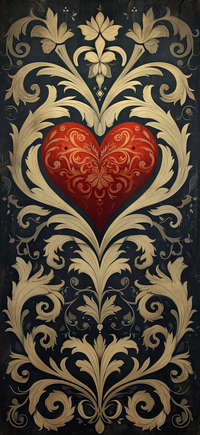 Red heart with gold swirls and floral patterns
