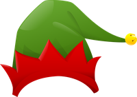 A Christmas elf hat with green and red colors and a gold bell