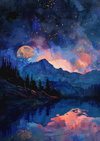A painting of a moonlit night with a lake and mountains