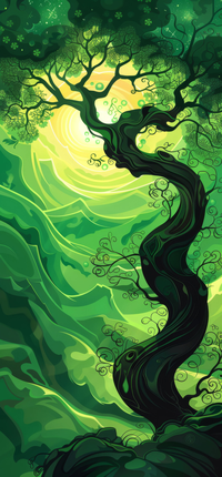 A mystical forest landscape with a large tree and abstract green patterns