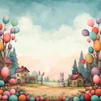 Illustration of Easter bunnies in a village with colorful eggs and trees