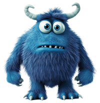 A blue furry monster with large eyes, horns, and sharp claws