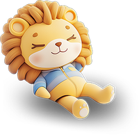 A smiling lion in blue and yellow baby clothes