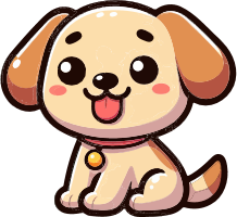 A cartoon illustration of a smiling puppy with a red collar and golden tag