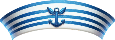 Blue and white curved banner with an anchor symbol