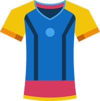 Illustration of a blue cycling jersey with yellow sleeves and red accents