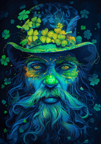 Colorful portrait of a leprechaun with a long beard and shamrock-adorned hat