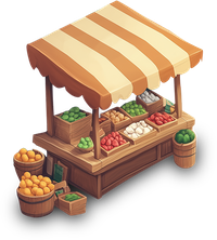 3D illustration of a market stall with fresh fruits and vegetables