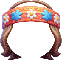A cartoon headband with blue and white flowers on a red background
