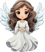 Cartoon illustration of an angel with white wings and brown hair