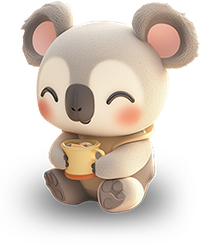 Cartoon koala holding a cup of coffee with closed eyes