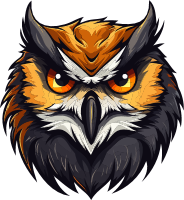 Illustration of an owl's face with orange eyes