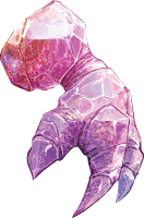 A pink, gemstone-like glove with a detailed digital illustration.