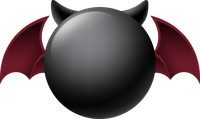 A black ball with bat wings and horns on a black background