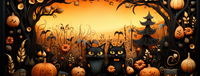 Halloween pumpkins and black cats in a spooky autumn setting