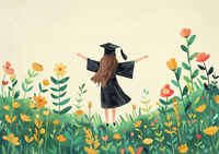 A girl in a graduation cap and gown stands in a field of flowers with her arms outstretched.